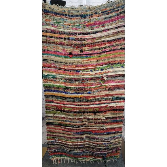 Multicolor Woven Recycled Material Fringe Tassel Colorful Rectangle Rug 64x35" - Picture 1 of 5